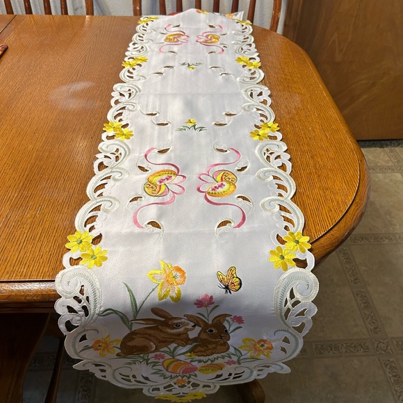 Other - Easter Bunny Embroidered Cloth Table Runner - White and Brown NWOT